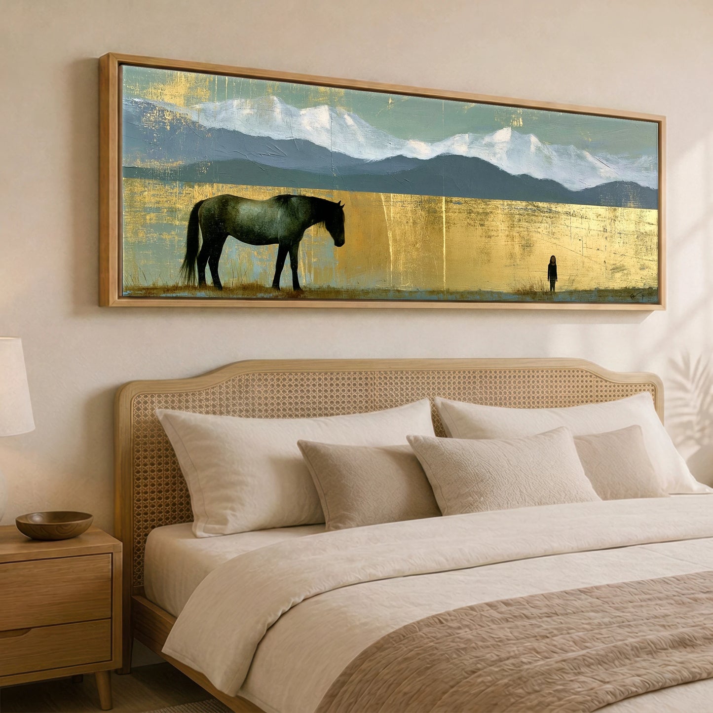 The Golden Expanse Horse Landscape panoramic canvas wall art displayed above a bed