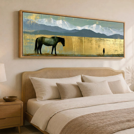The Golden Expanse Horse Landscape panoramic canvas wall art displayed above a bed