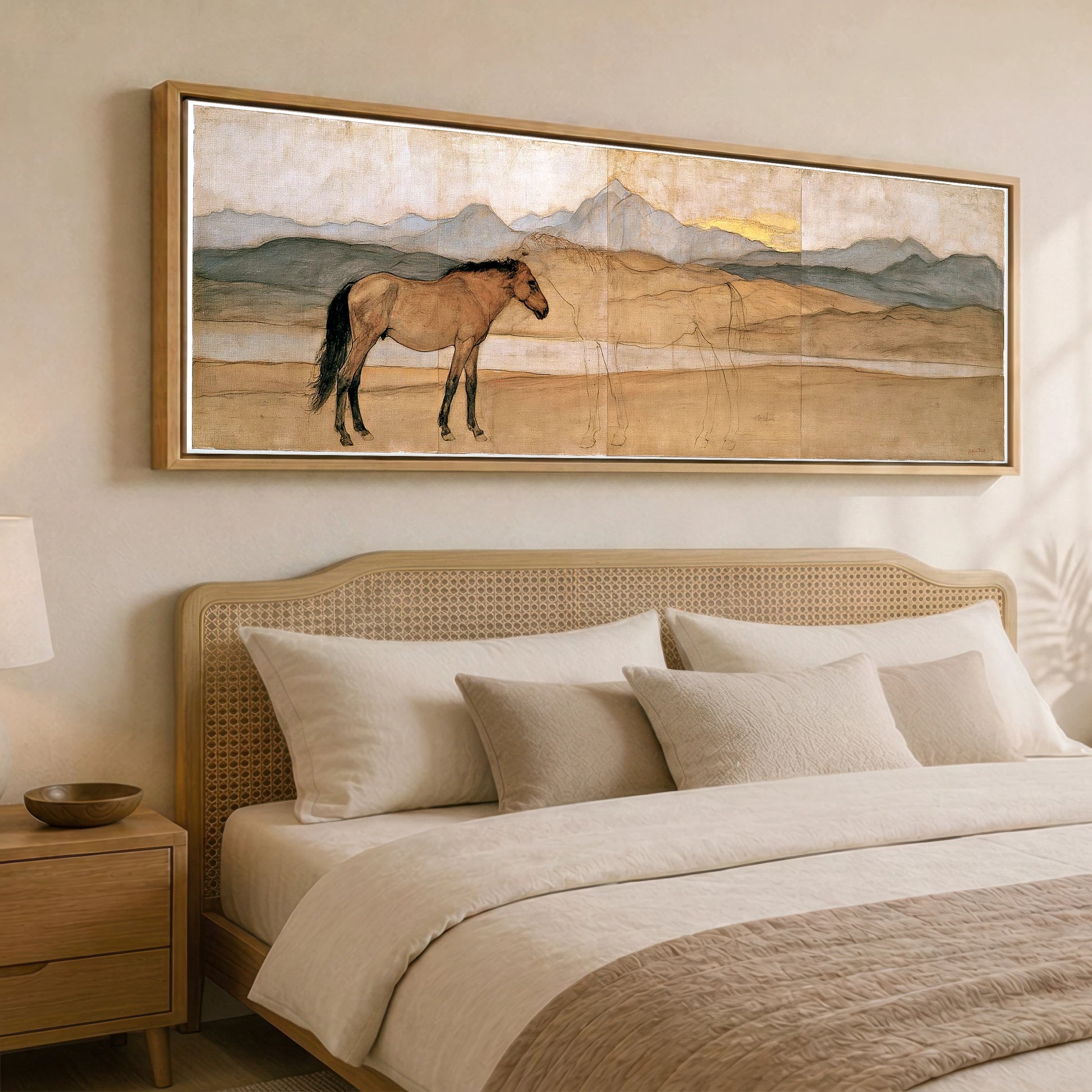 Whispers of the Herd Horse Landscape panoramic canvas wall art displayed above a bed