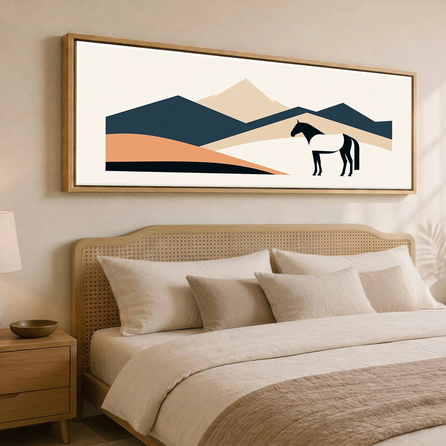 Geometric Equine Horizon Horse Landscape panoramic canvas wall art displayed above a bed