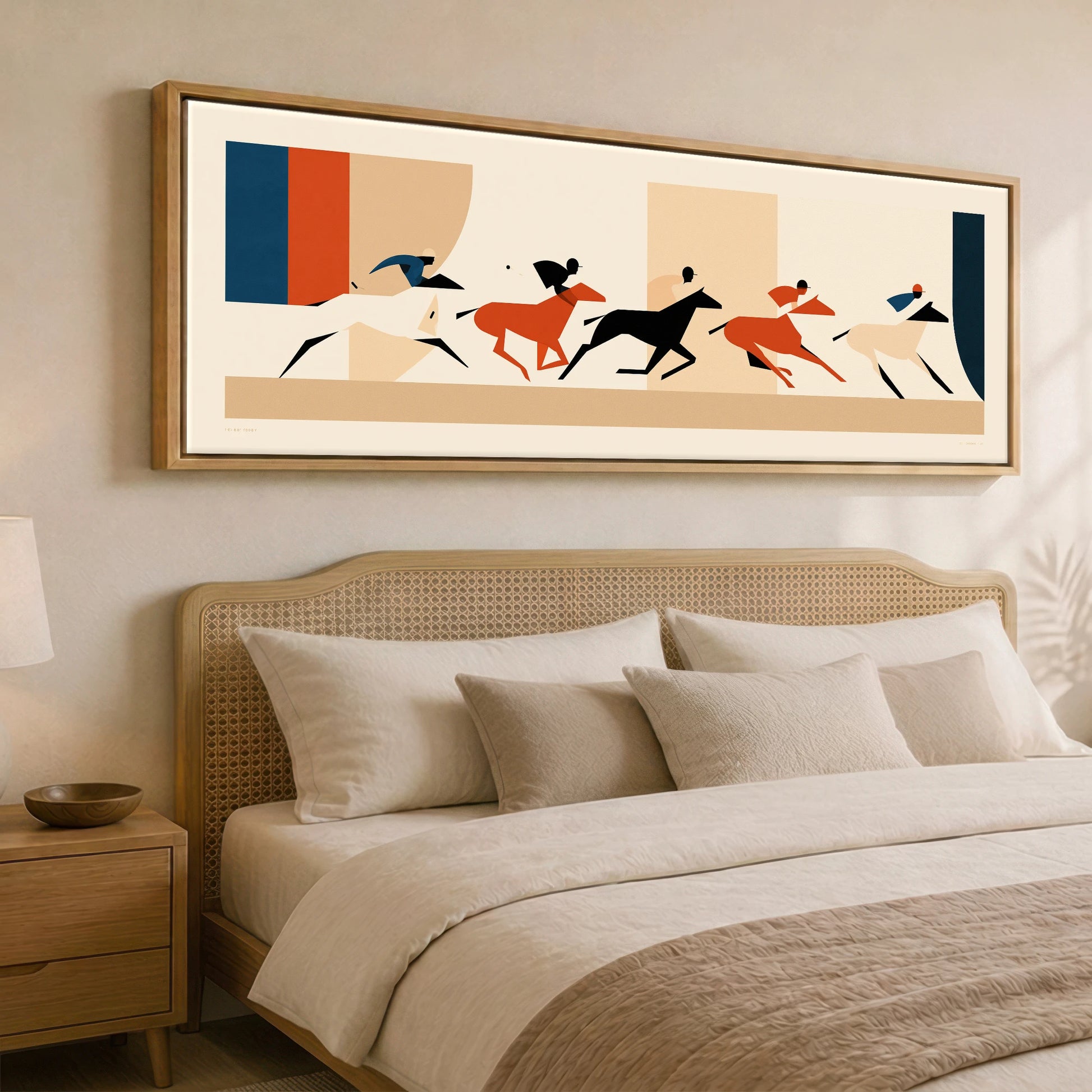 Retro Polo Pursuit Polo Horse panoramic canvas wall art displayed above a bed