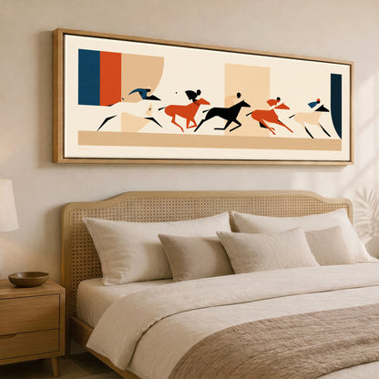 Retro Polo Pursuit Polo Horse panoramic canvas wall art displayed above a bed