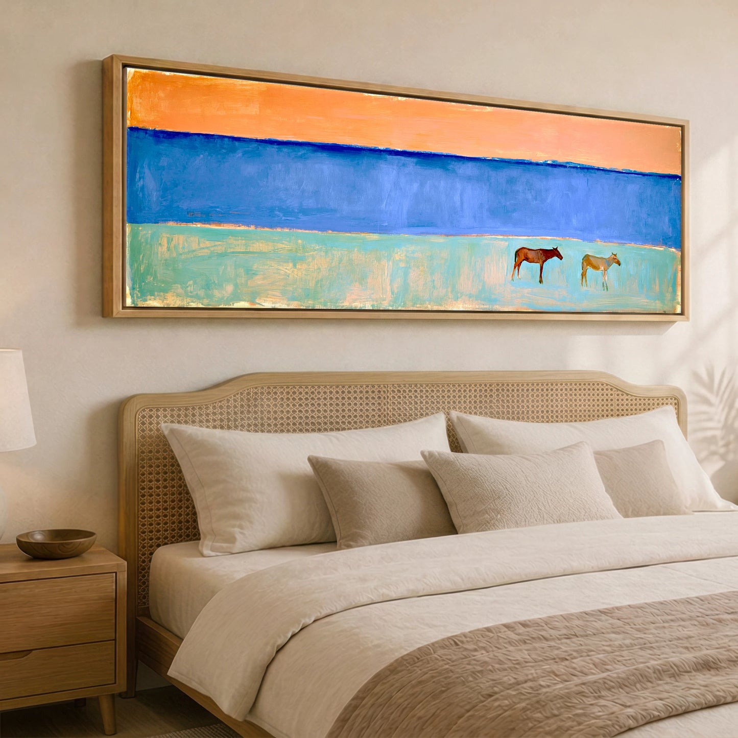 Coastal Pastures Horse Landscape panoramic canvas wall art displayed above a bed
