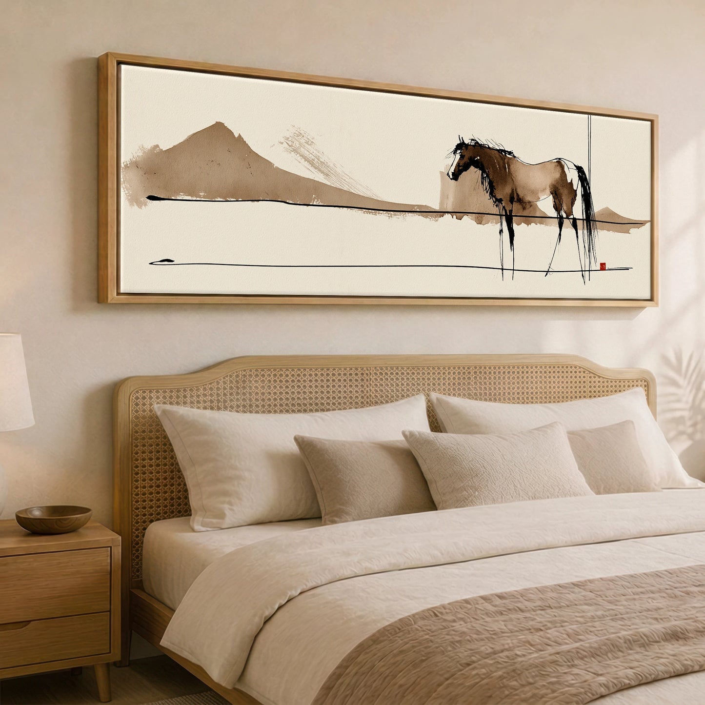 Silent Equine Horizon Horse Landscape panoramic canvas wall art displayed above a bed