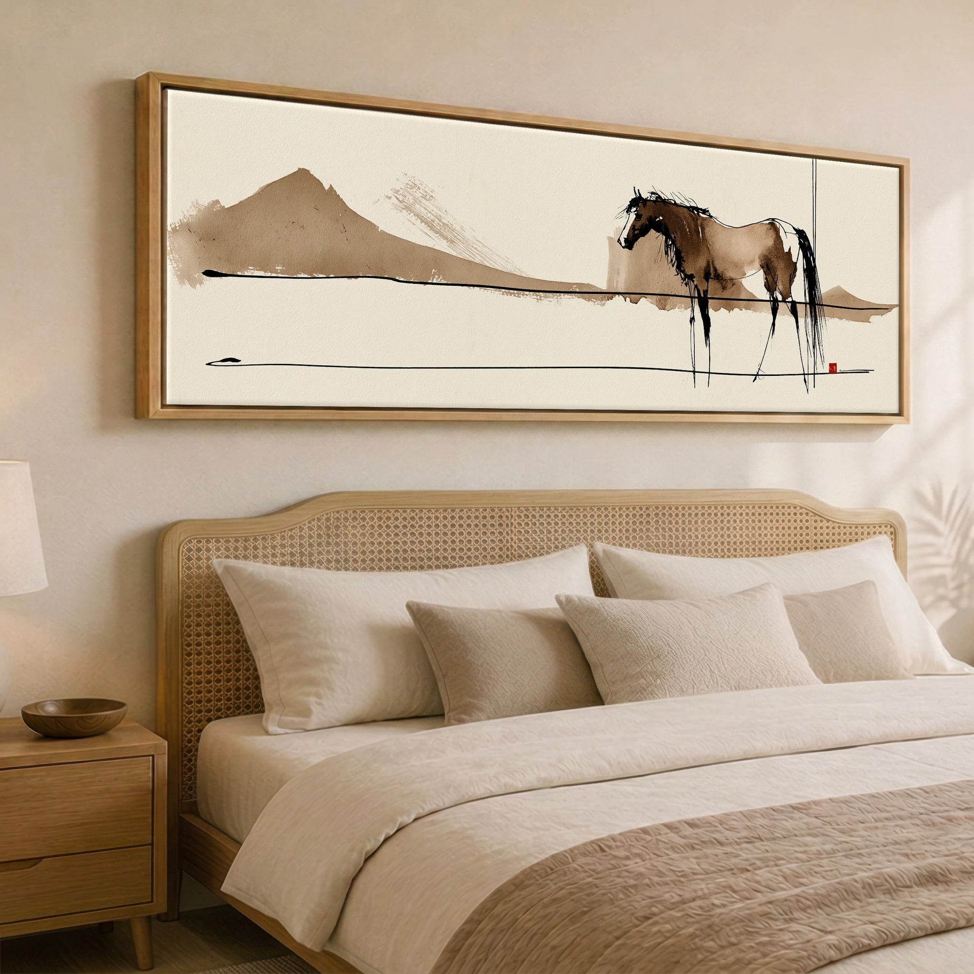 Silent Equine Horizon Horse Landscape panoramic canvas wall art displayed above a bed