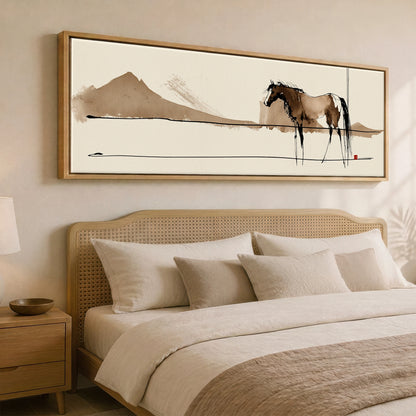 Silent Equine Horizon Horse Landscape panoramic canvas wall art displayed above a bed