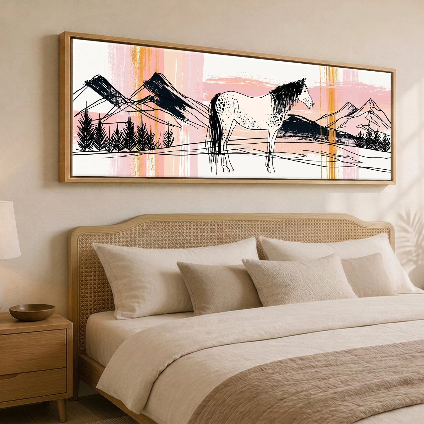Abstract Appaloosa Landscape Horse Landscape panoramic canvas wall art displayed above a bed