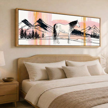 Abstract Appaloosa Landscape Horse Landscape panoramic canvas wall art displayed above a bed