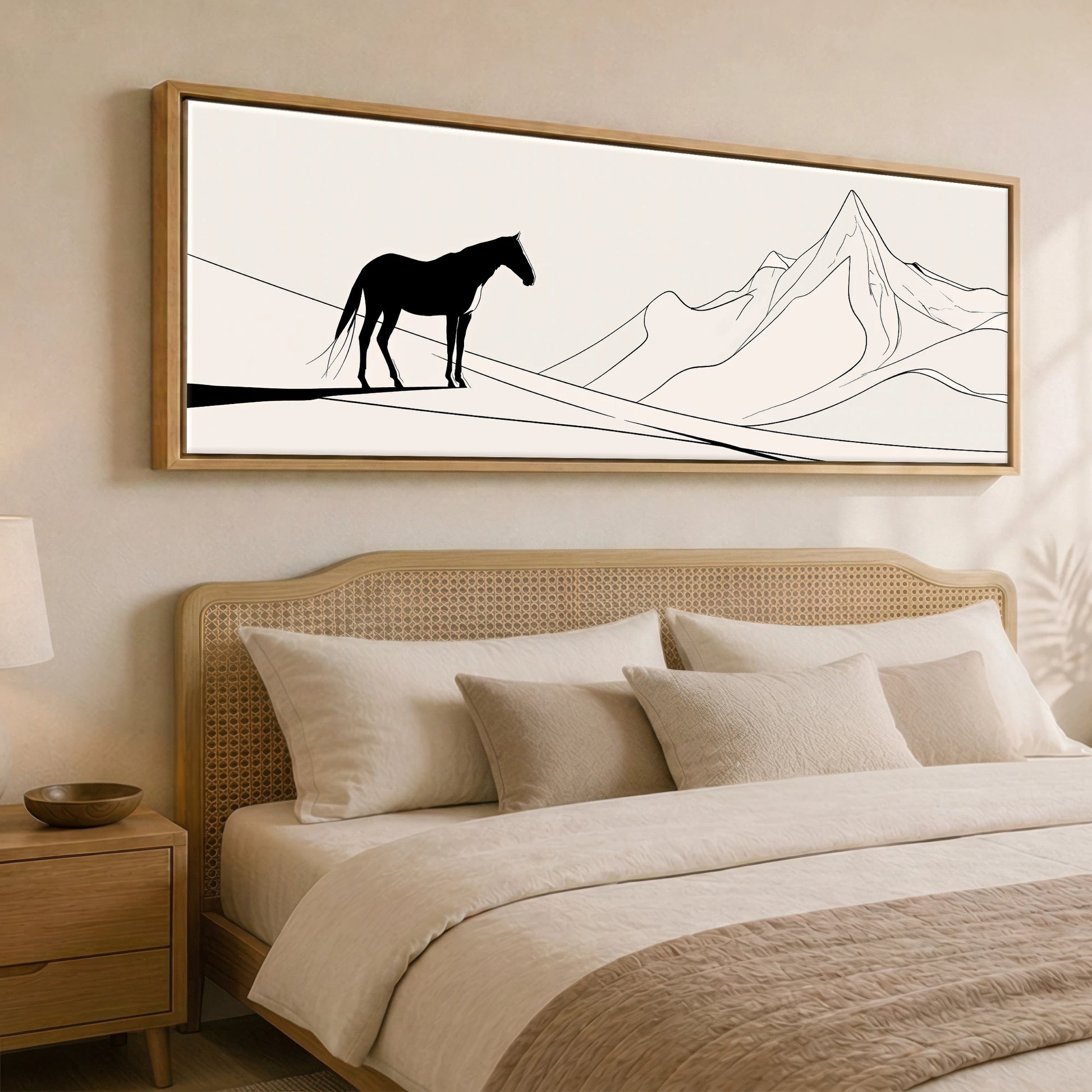 Mountain Contour Silhouette Horse Landscape panoramic canvas wall art displayed above a bed