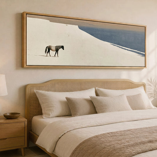 Sweeping Silence Horse Landscape panoramic canvas wall art displayed above a bed