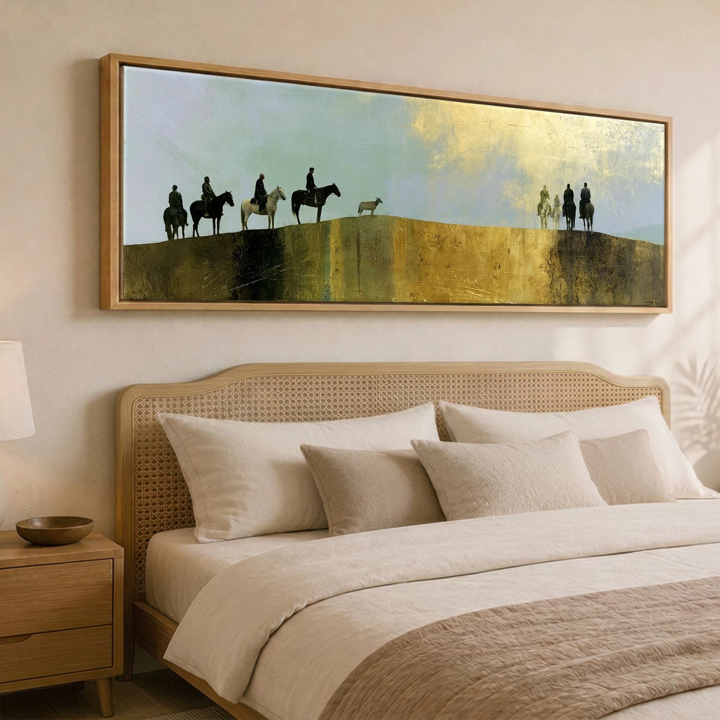 The Golden Ridge Horse & Rider panoramic canvas wall art displayed above a bed
