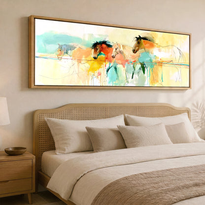 Vibrant Equine Horizon Horse Landscape panoramic canvas wall art displayed above a bed