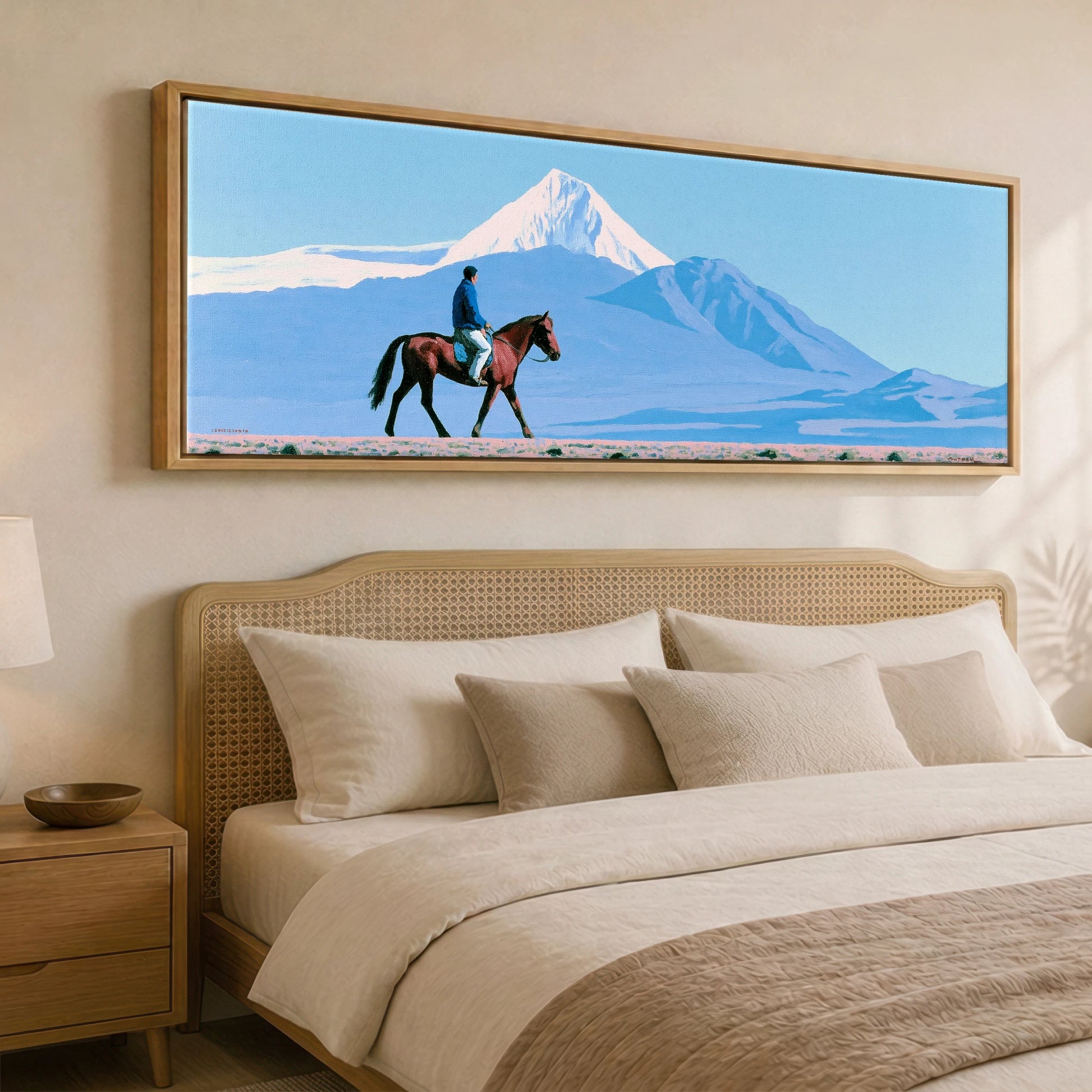 Beneath Vast Peaks Horse Landscape panoramic canvas wall art displayed above a bed