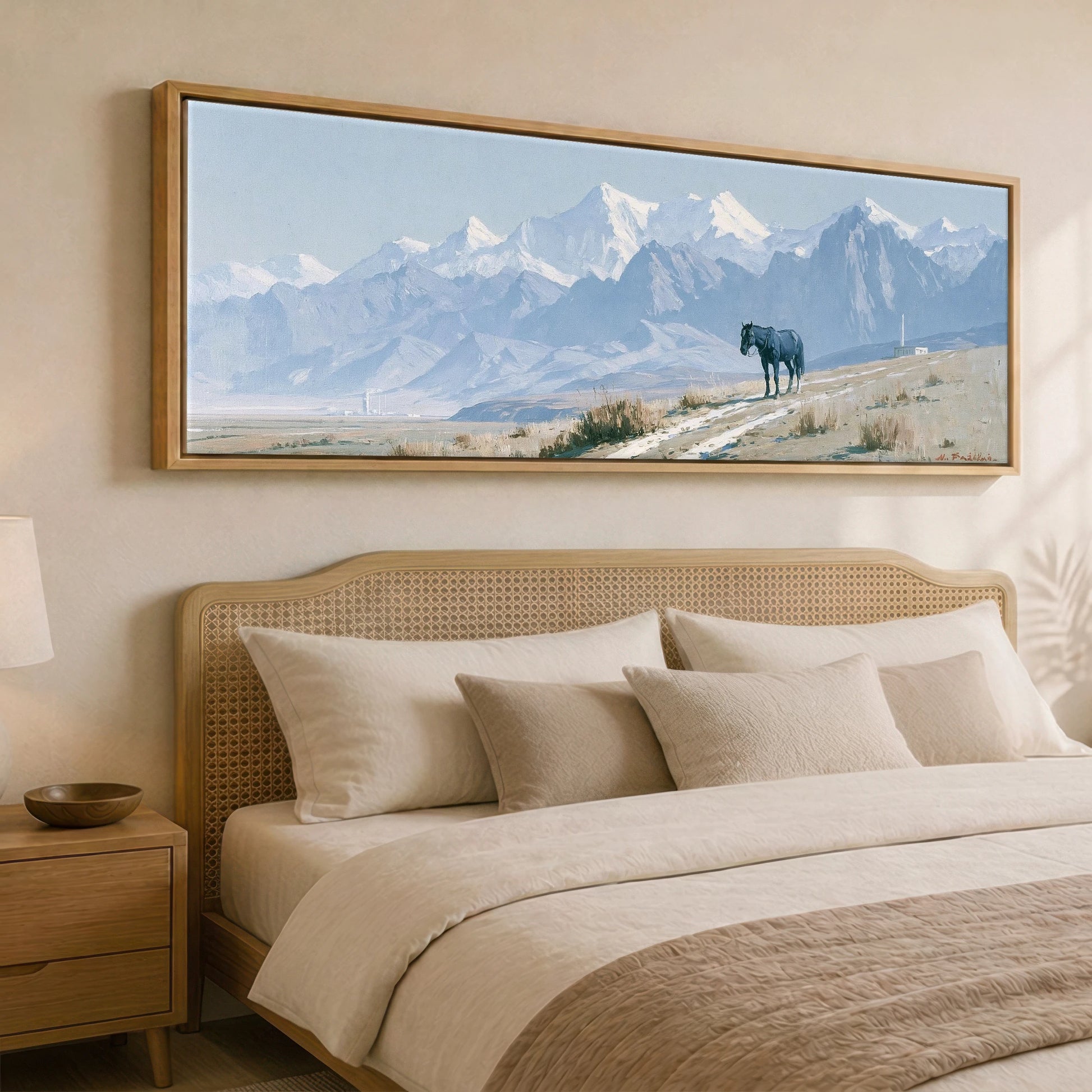 Mountain Solitude Horse Landscape panoramic canvas wall art displayed above a bed