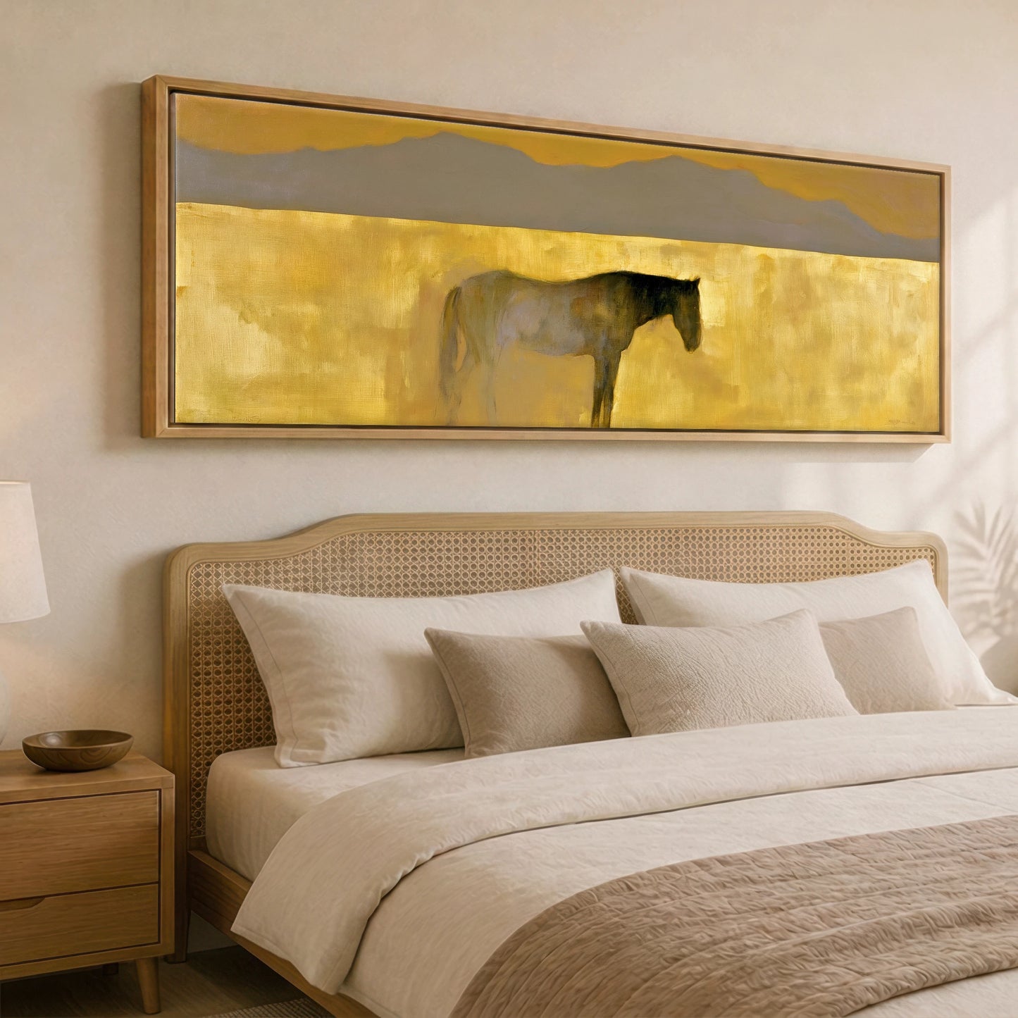 The Golden Expanse Horse Landscape panoramic canvas wall art displayed above a bed