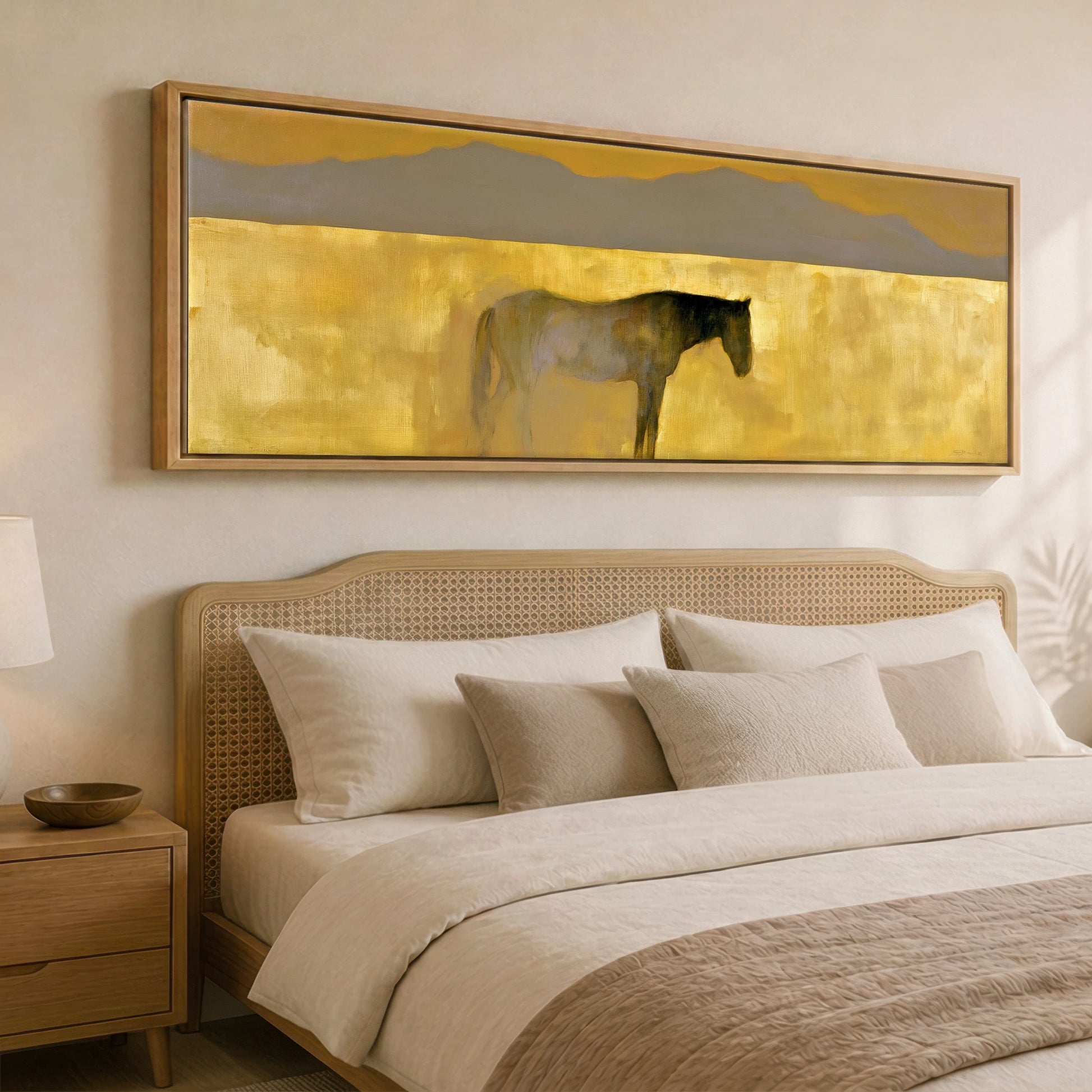The Golden Expanse Horse Landscape panoramic canvas wall art displayed above a bed