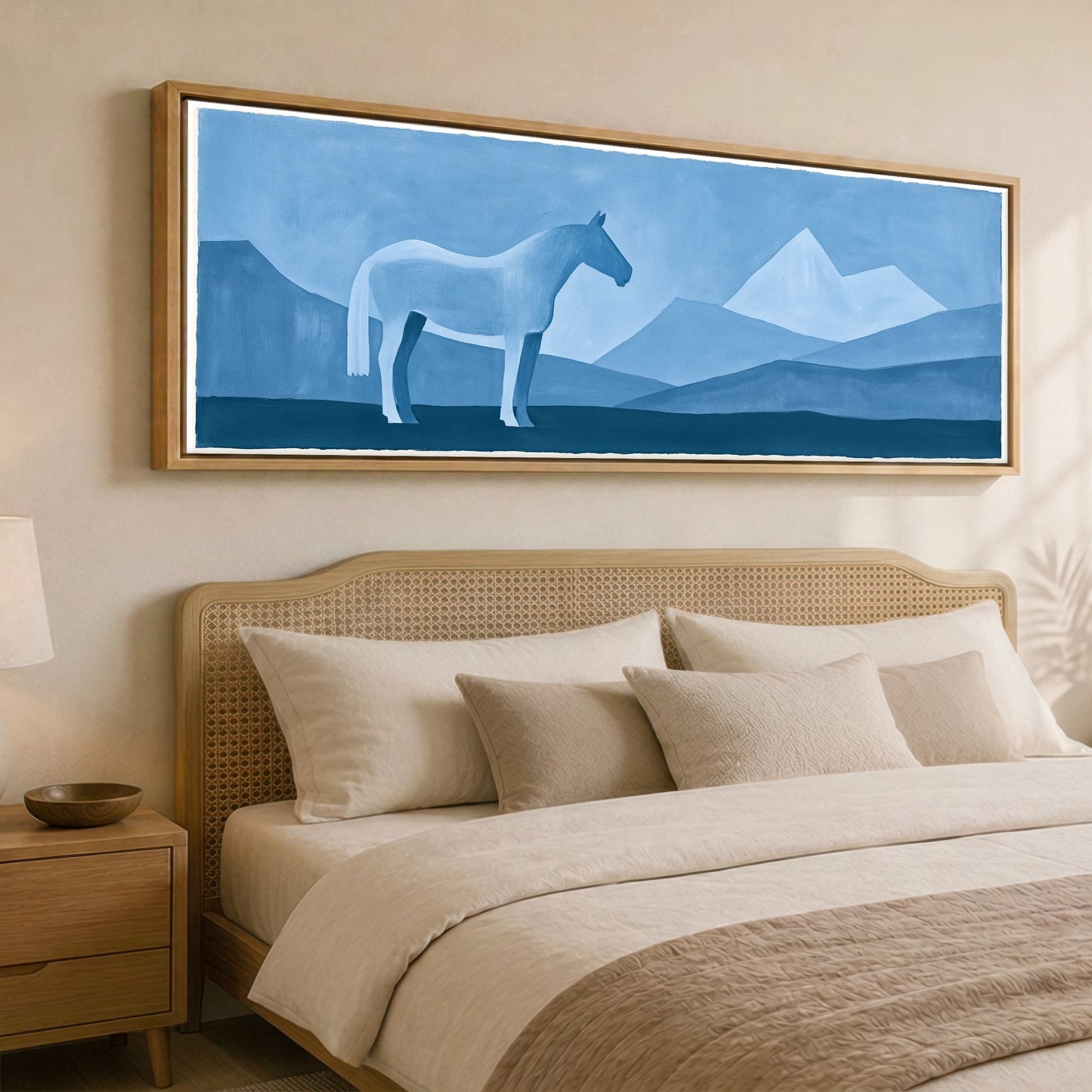 Azure Mountain Stillness Horse Landscape panoramic canvas wall art displayed above a bed