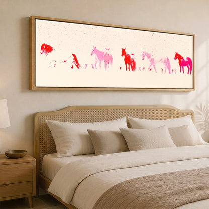Crimson Ink Procession Horse Landscape panoramic canvas wall art displayed above a bed