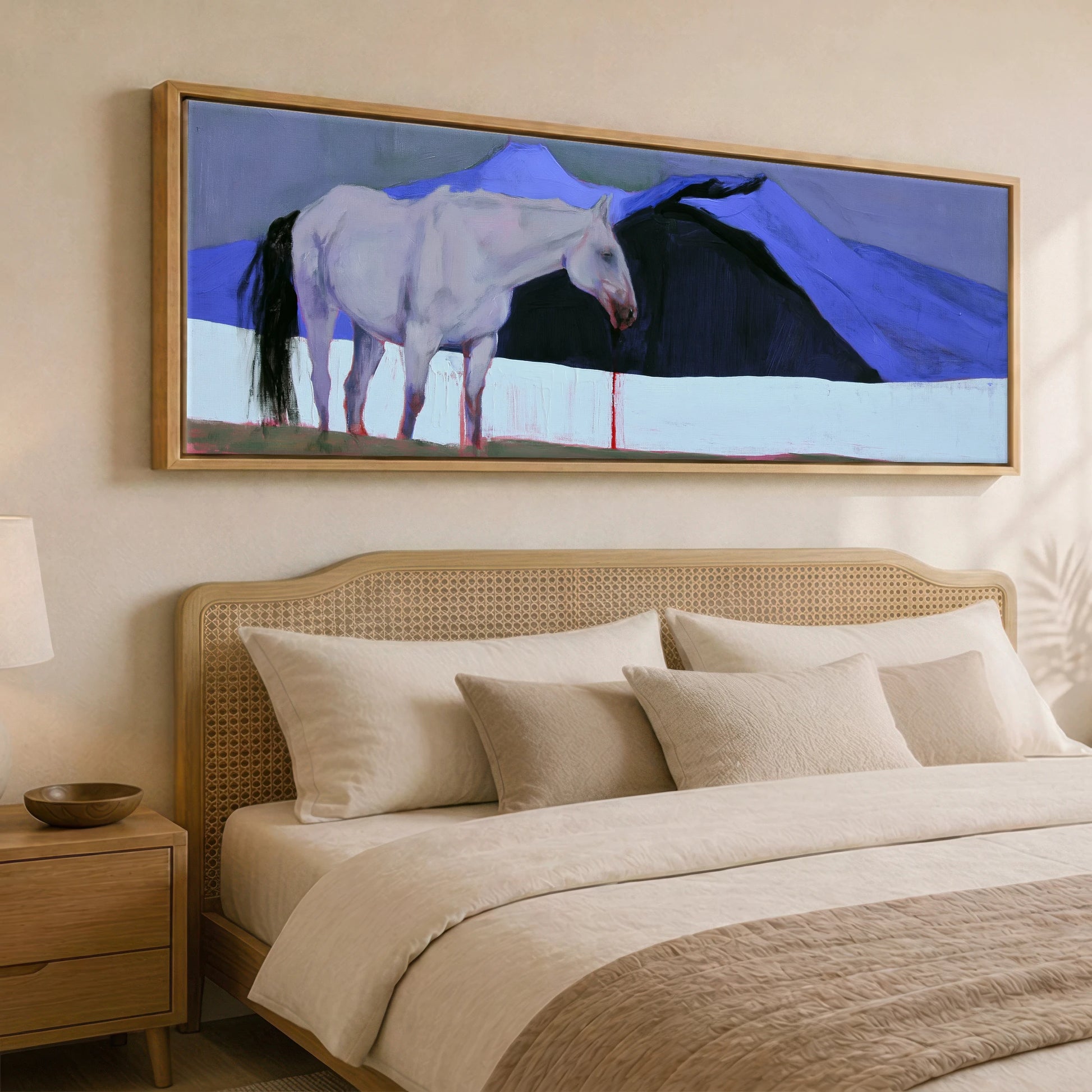 Cobalt and Shadow Horse Landscape panoramic canvas wall art displayed above a bed