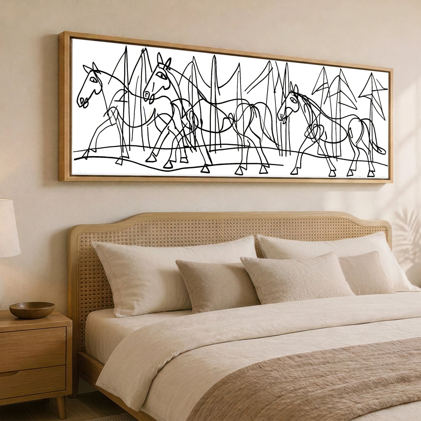 Abstract Equine Contours Horse Landscape panoramic canvas wall art displayed above a bed