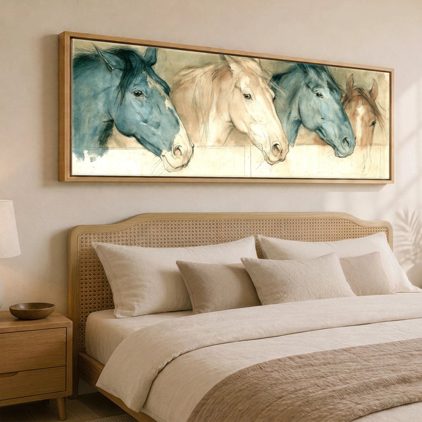 Stable Companions Horse Stable panoramic canvas wall art displayed above a bed