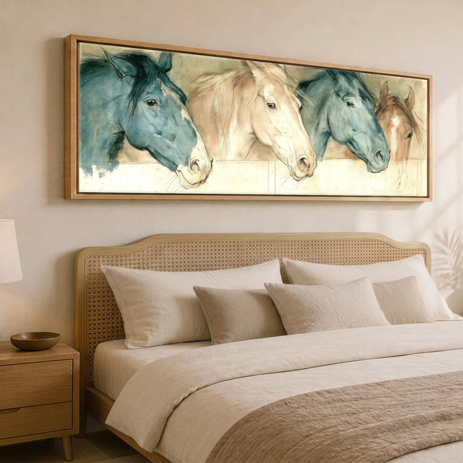 Stable Companions Horse Stable panoramic canvas wall art displayed above a bed