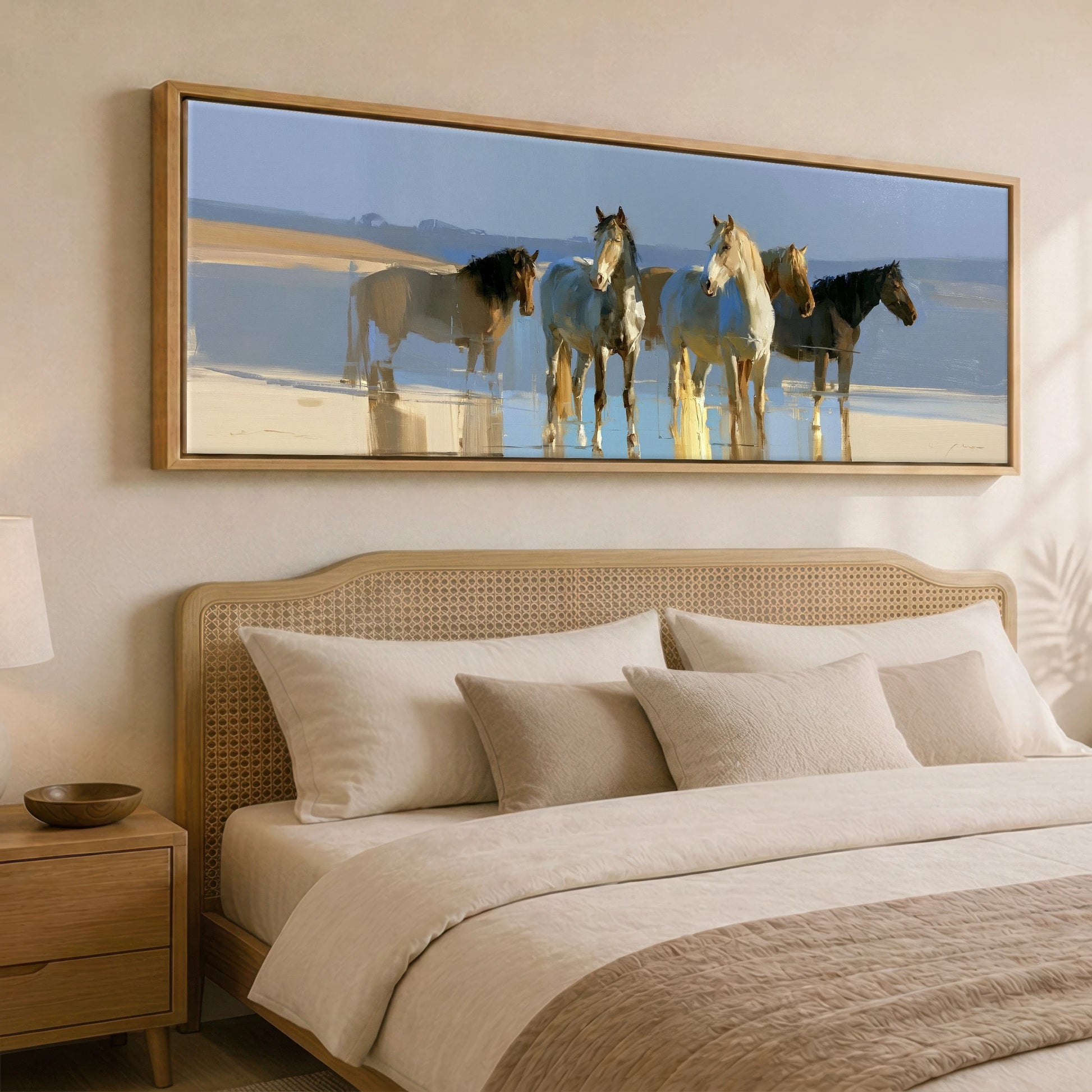 Stillness in the Shallows Horse Landscape panoramic canvas wall art displayed above a bed