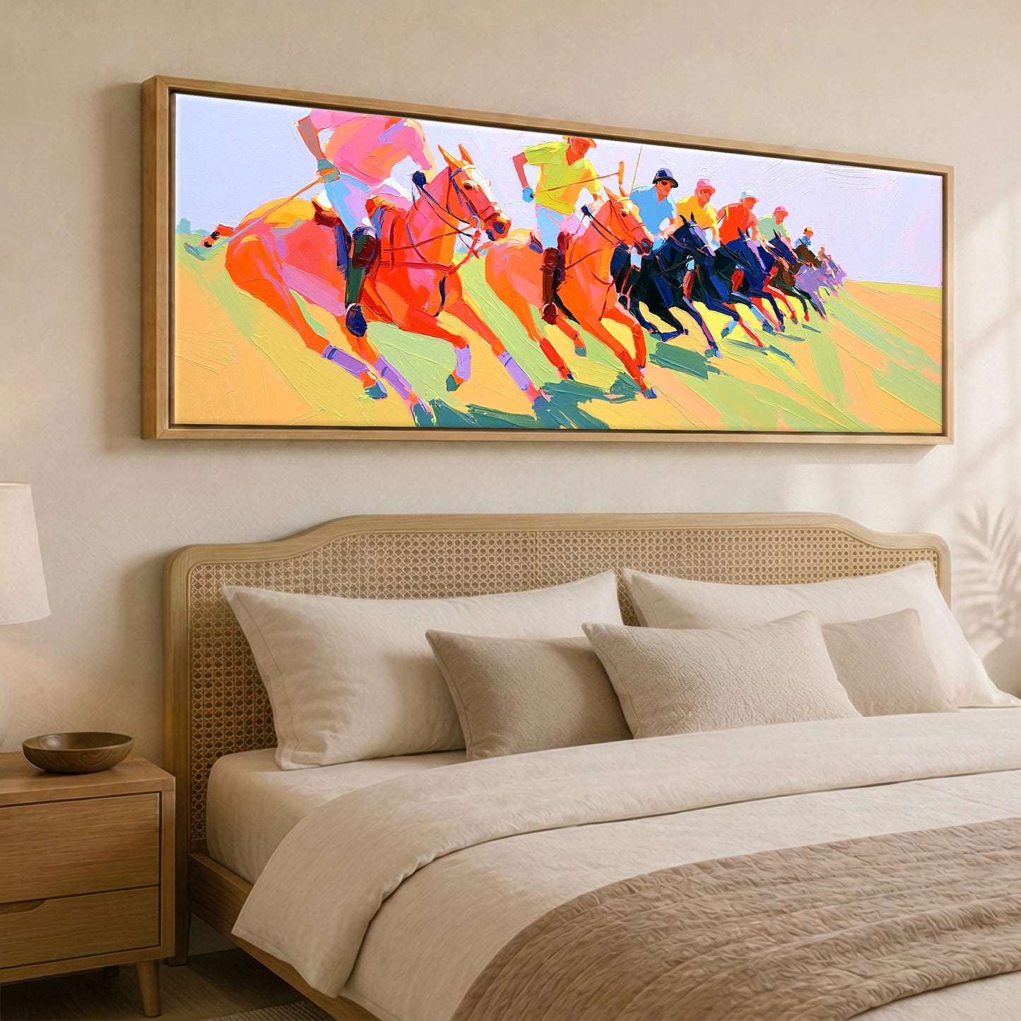 The Polo Charge Polo Horse panoramic canvas wall art displayed above a bed