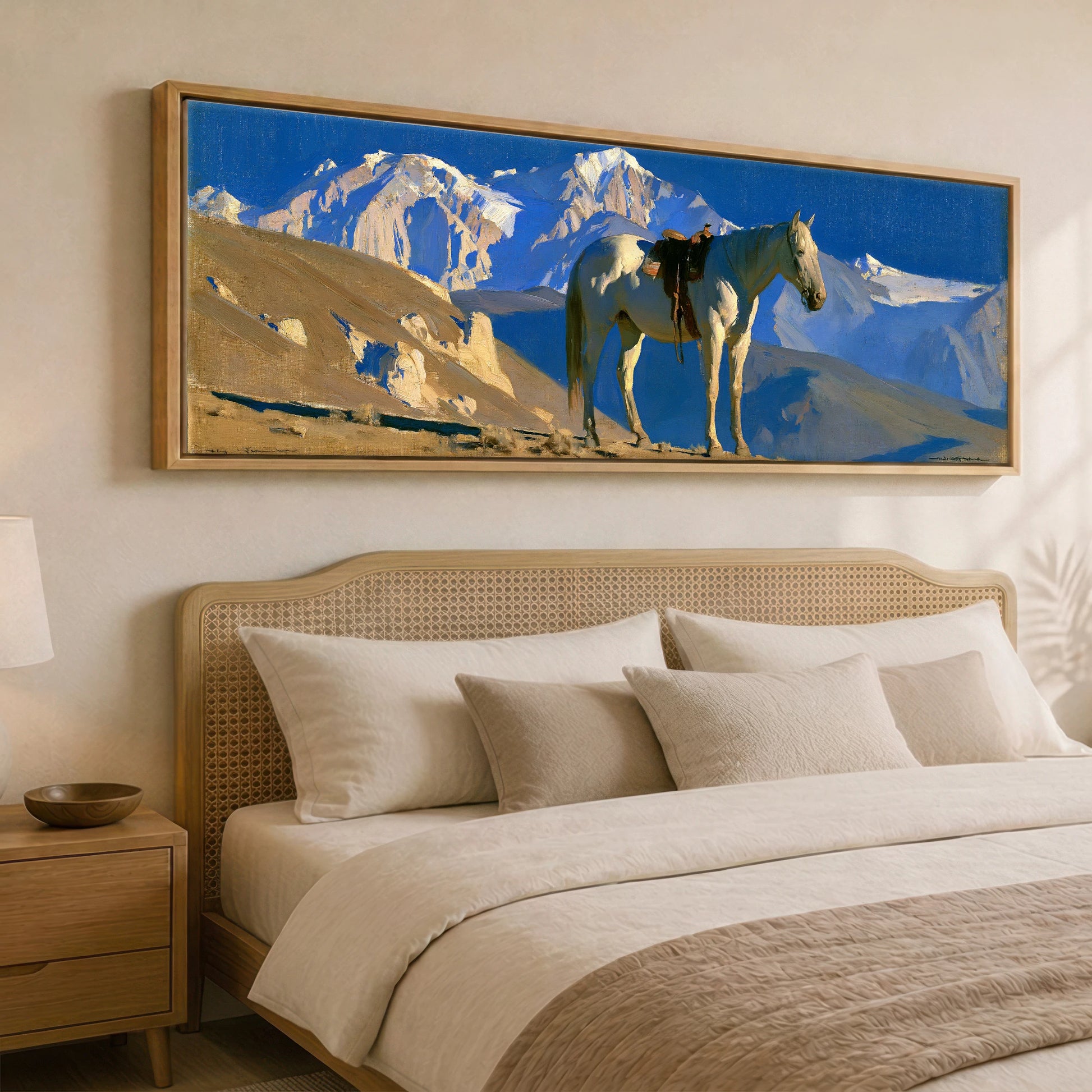 Sunlit Ridge Horse Landscape panoramic canvas wall art displayed above a bed