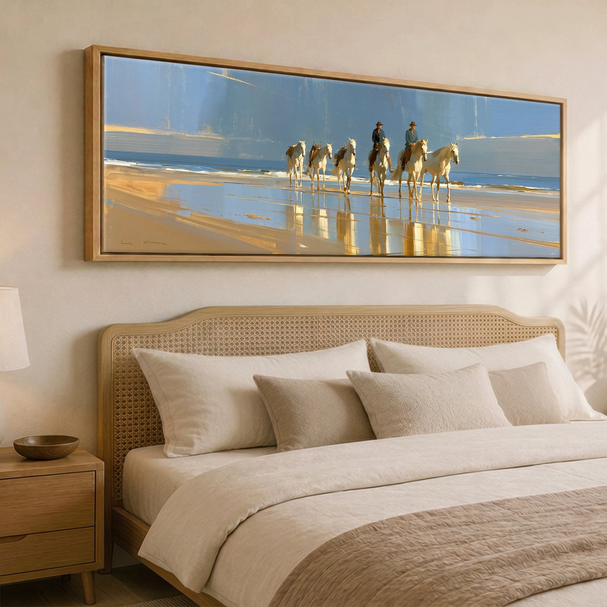 The Coastal String Horse Landscape panoramic canvas wall art displayed above a bed