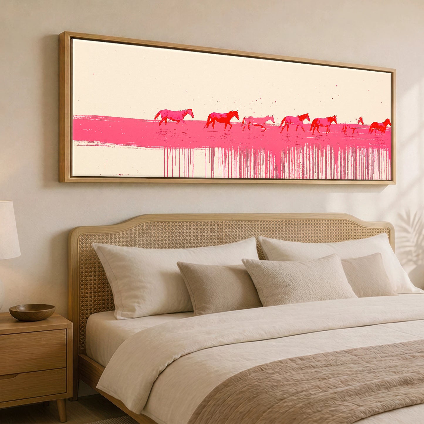 Vivid Magenta Horizon Beach Horse panoramic canvas wall art displayed above a bed