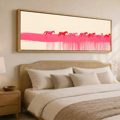Vivid Magenta Horizon Beach Horse panoramic canvas wall art displayed above a bed