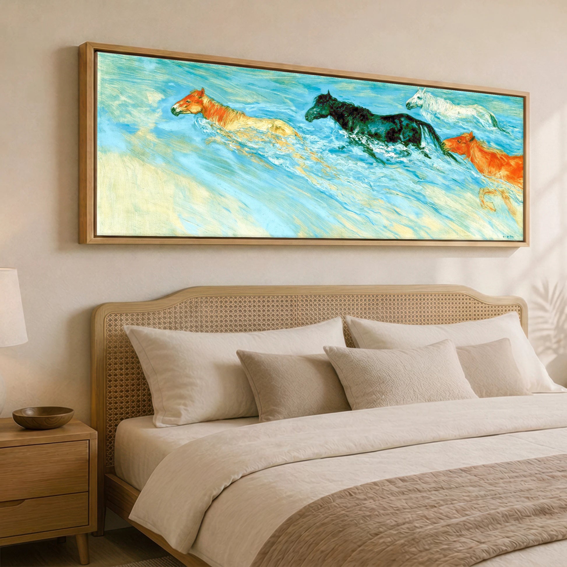 Vivid Surf Surge Beach Horse panoramic canvas wall art displayed above a bed