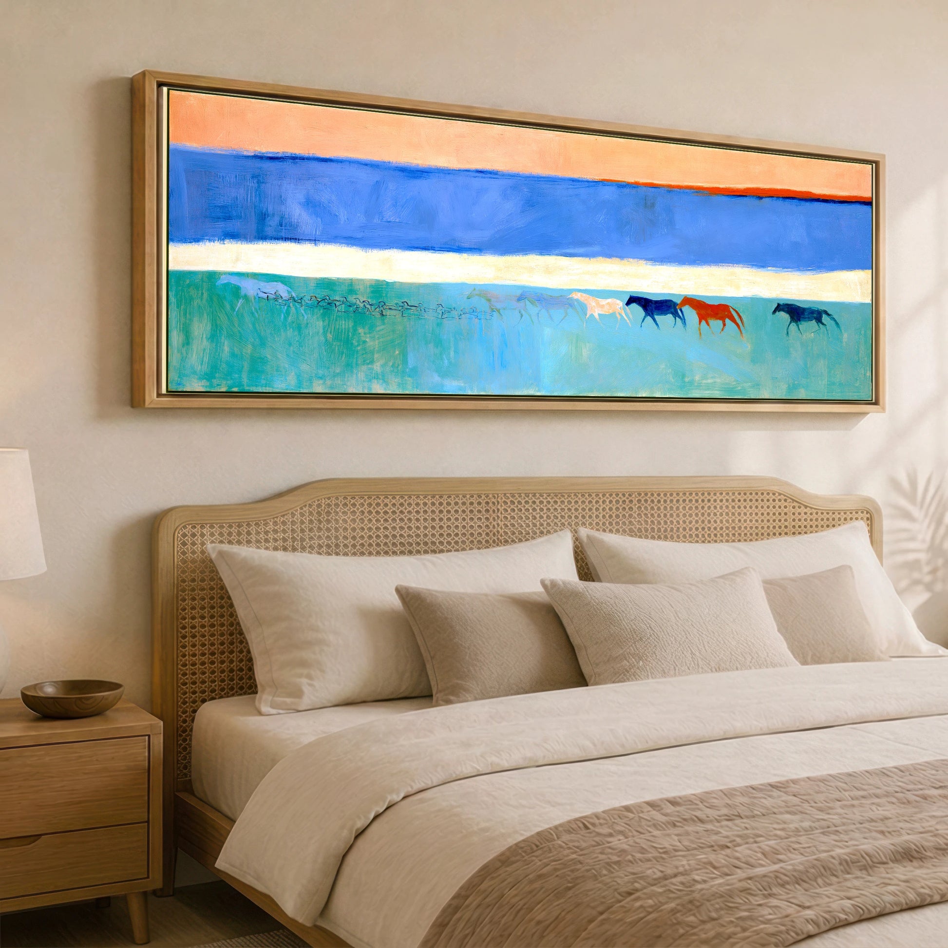 Across the Painted Tide Horse Landscape panoramic canvas wall art displayed above a bed
