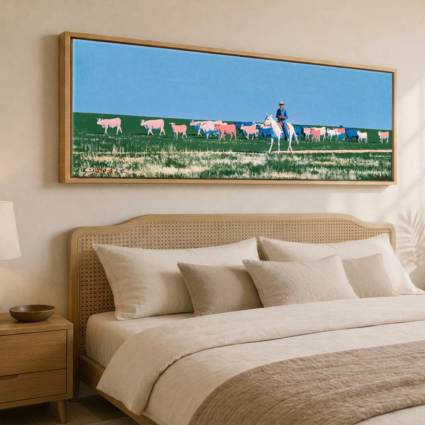 Big Sky Drover Western Horse panoramic canvas wall art displayed above a bed