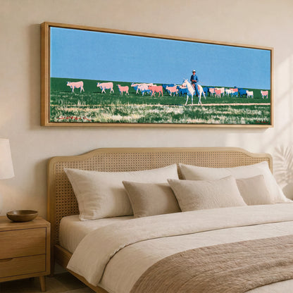 Big Sky Drover Western Horse panoramic canvas wall art displayed above a bed