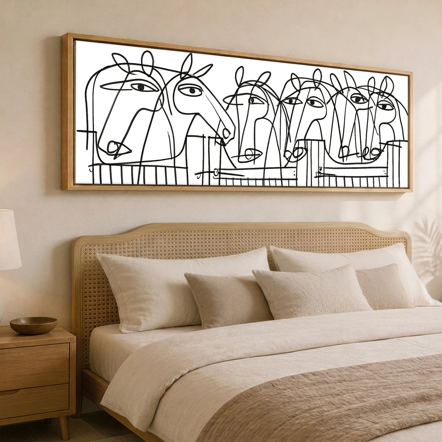 Linear Yard Horse Stable panoramic canvas wall art displayed above a bed