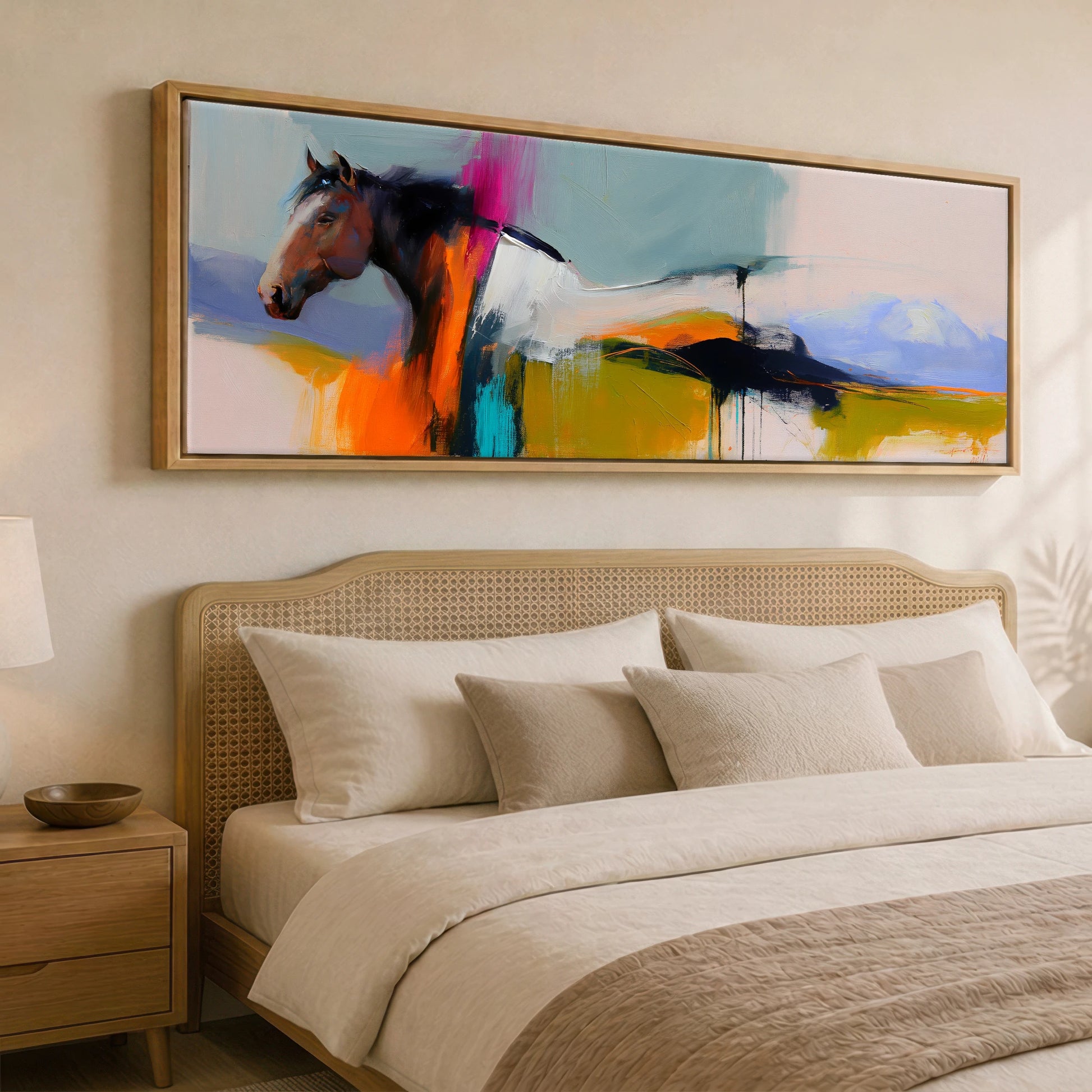 Vivid Equine Horizon Horse Landscape panoramic canvas wall art displayed above a bed