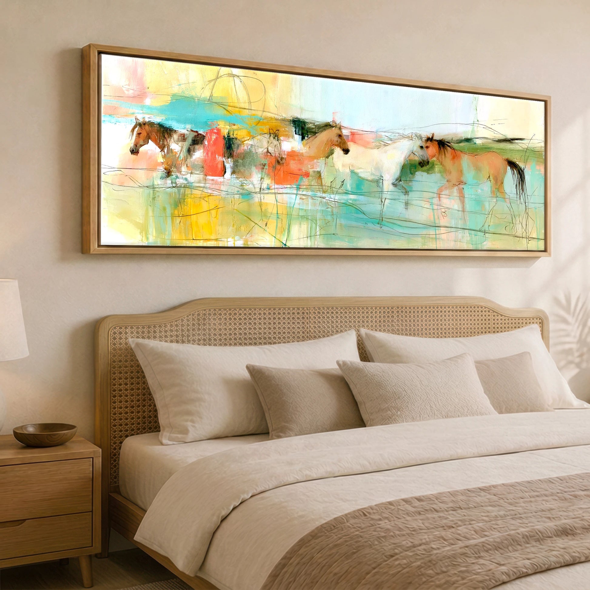 Vibrant Herd Crossing Horse Landscape panoramic canvas wall art displayed above a bed