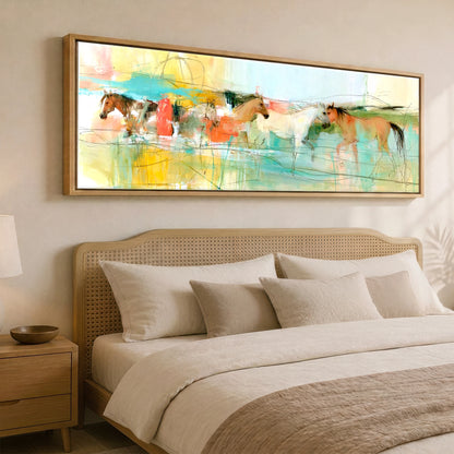 Vibrant Herd Crossing Horse Landscape panoramic canvas wall art displayed above a bed