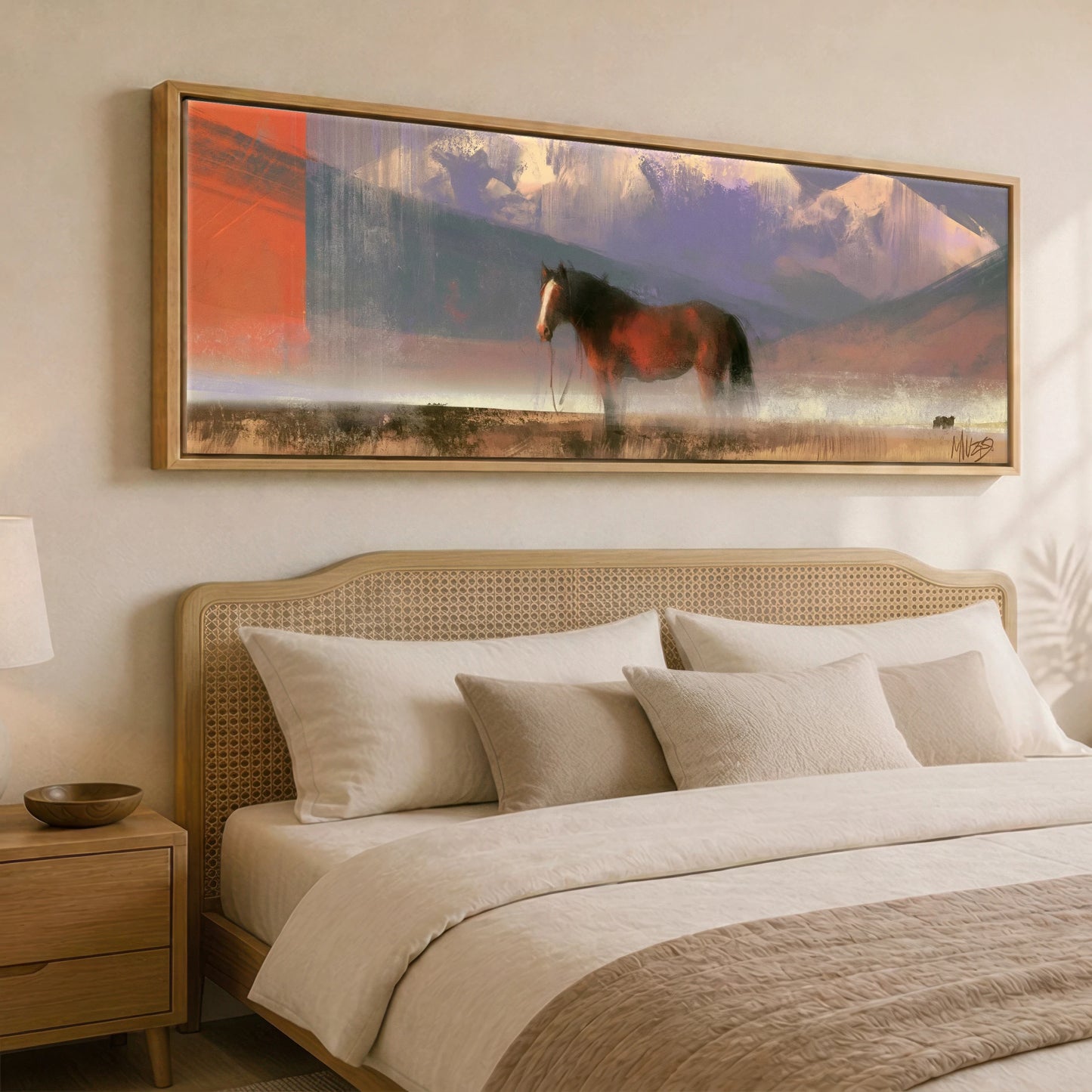 Sienna and Violet Haze Horse Landscape panoramic canvas wall art displayed above a bed