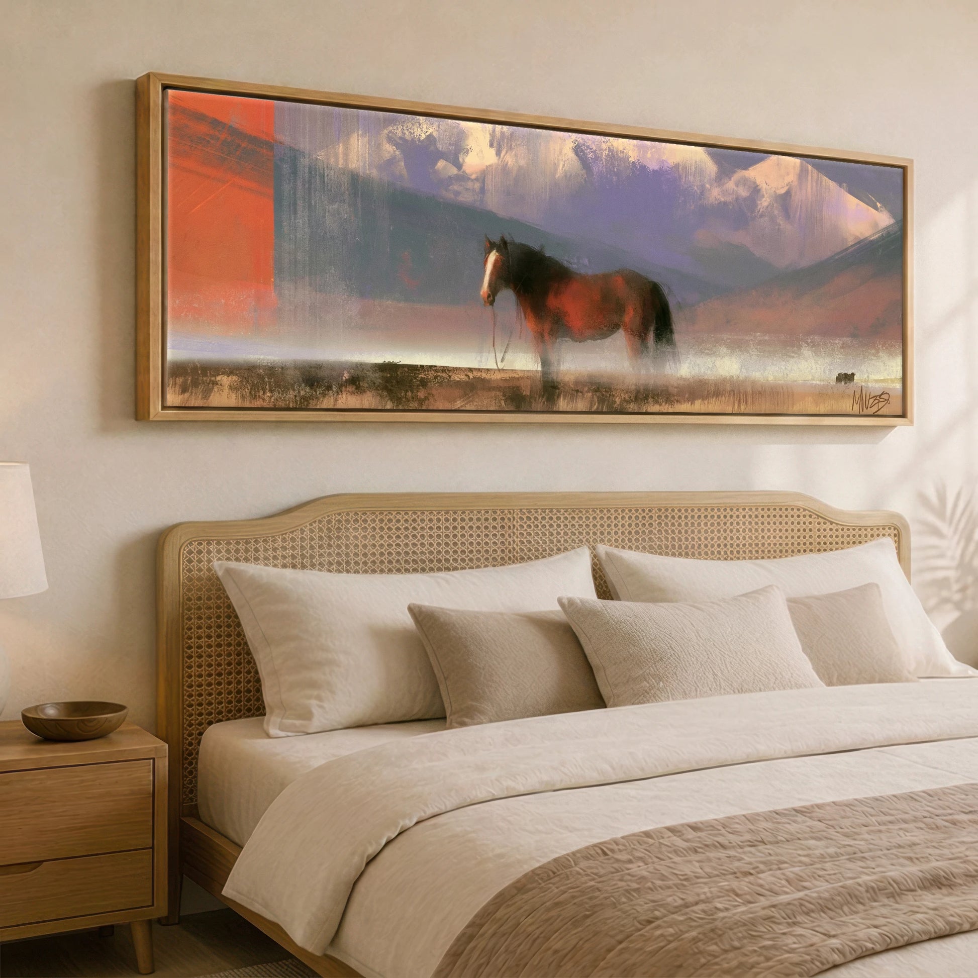 Sienna and Violet Haze Horse Landscape panoramic canvas wall art displayed above a bed