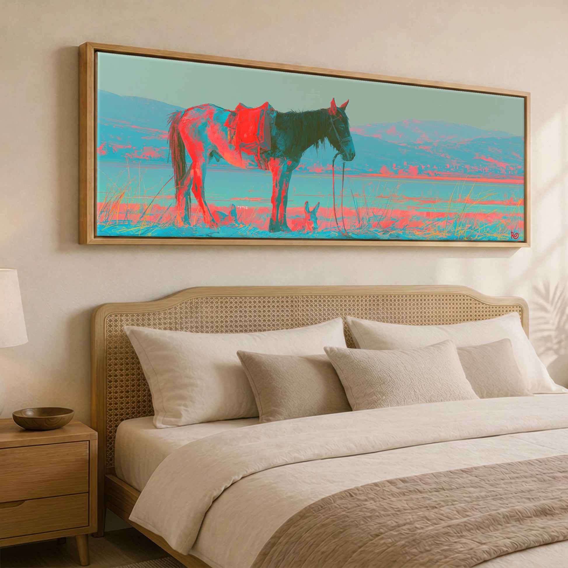 Electric Equine Horizon Horse Landscape panoramic canvas wall art displayed above a bed