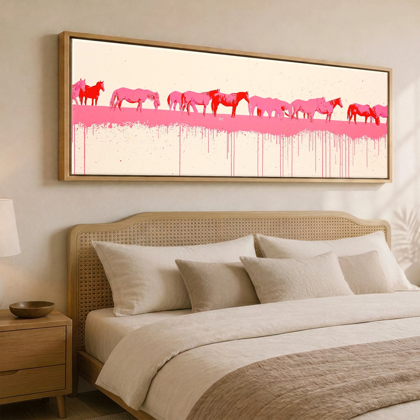 Vibrant Equine Wash Wild Horses panoramic canvas wall art displayed above a bed