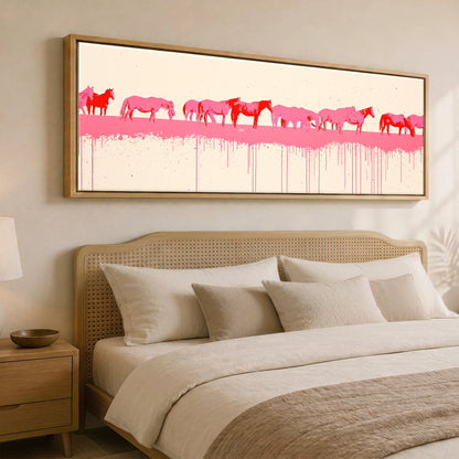 Vibrant Equine Wash Wild Horses panoramic canvas wall art displayed above a bed