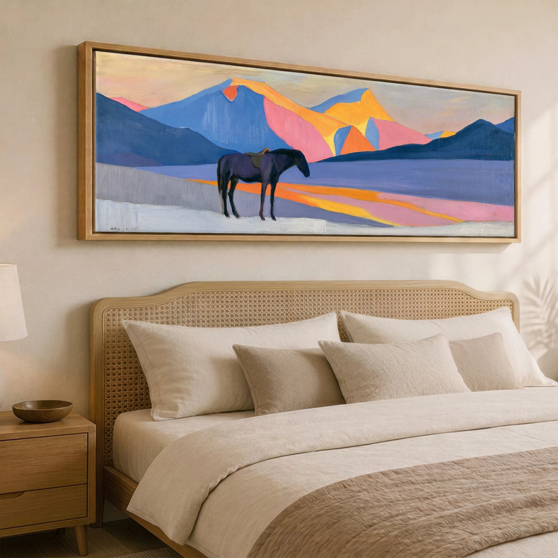 Vibrant Mountain Sentinel Horse Landscape panoramic canvas wall art displayed above a bed