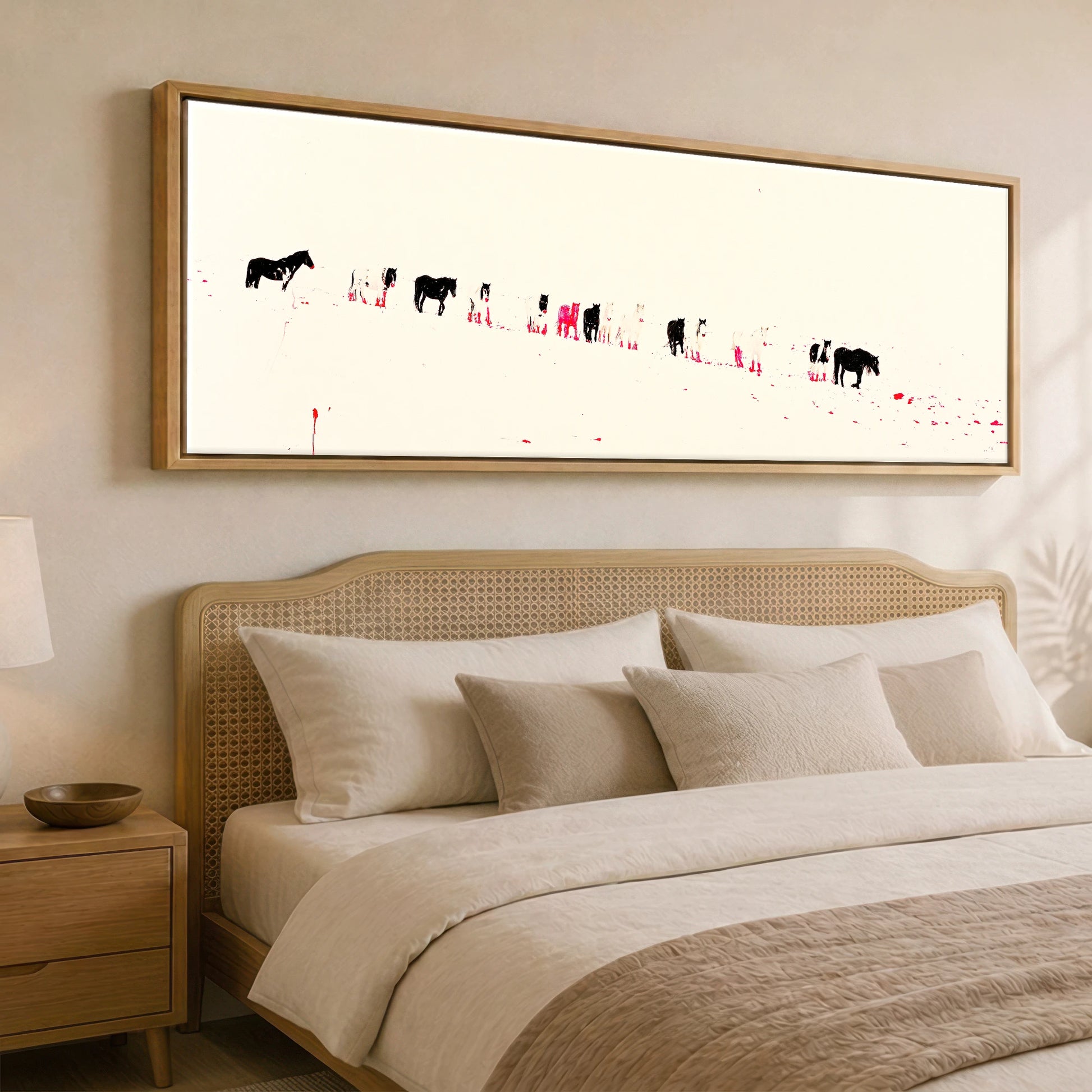 Vivid Procession Horse Landscape panoramic canvas wall art displayed above a bed