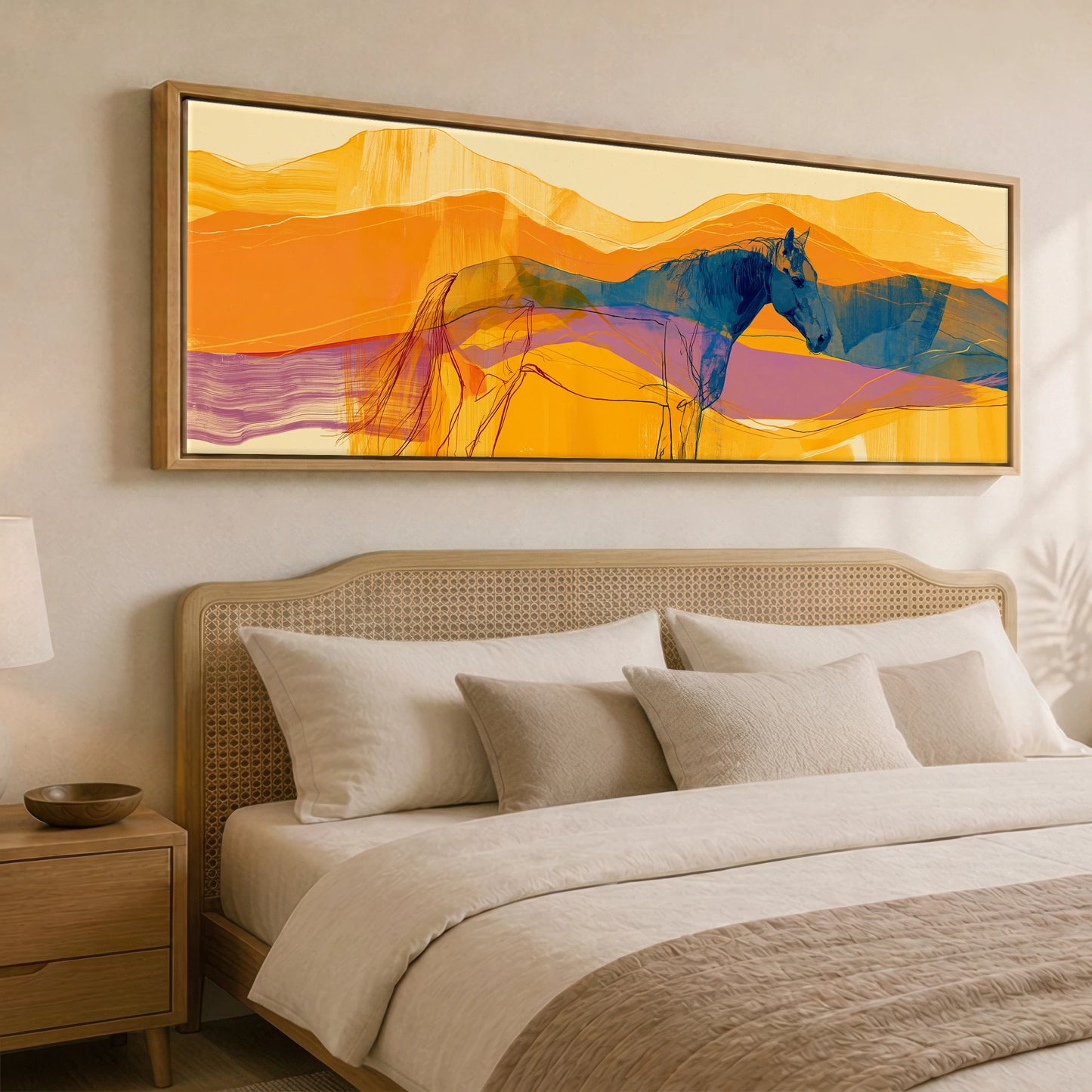 Cobalt and Amber Horizons Horse Landscape panoramic canvas wall art displayed above a bed