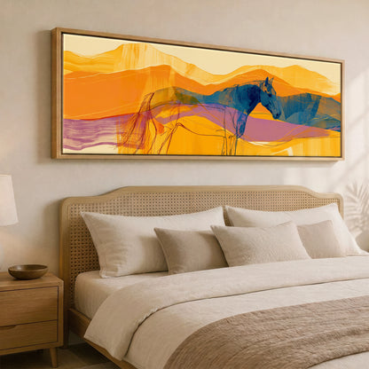 Cobalt and Amber Horizons Horse Landscape panoramic canvas wall art displayed above a bed