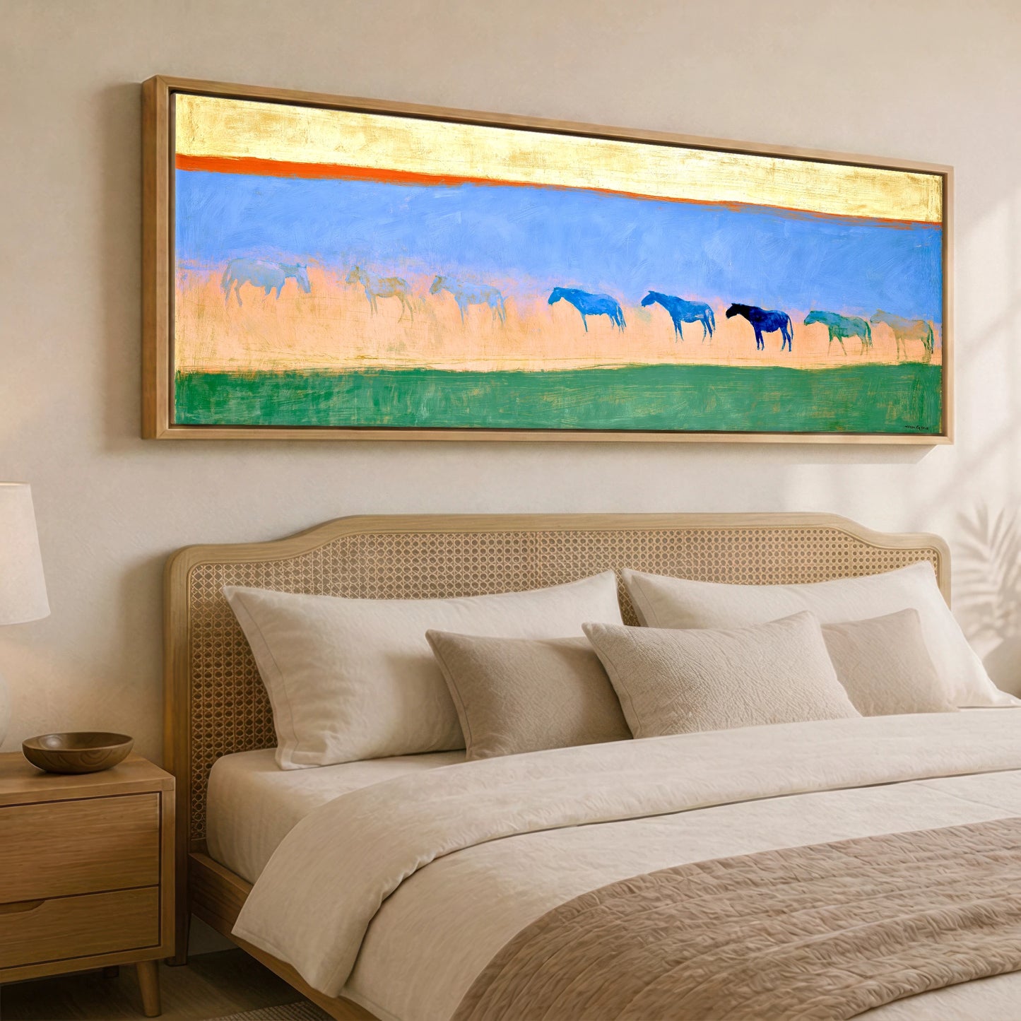 Cobalt Horizon Herd Horse Landscape panoramic canvas wall art displayed above a bed